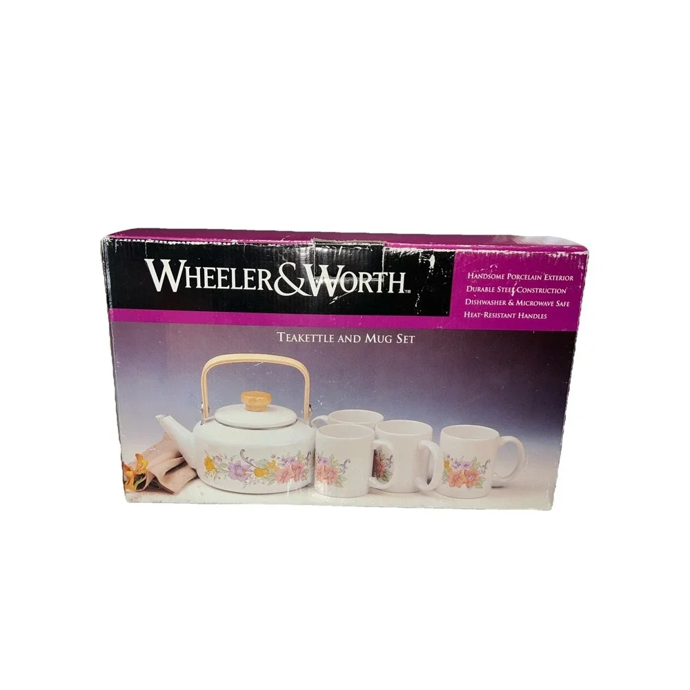 Vintage Wheeler & Worth Teakettle And 4 Mug Set New in Box, Floral Pattern 13477